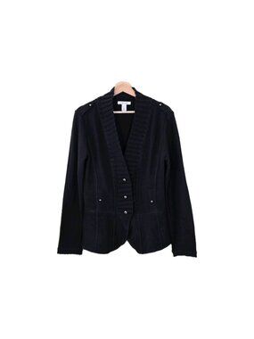 WHBM White House Black Market Peplum  Sweater L Black Wool Blend Silver Buttons